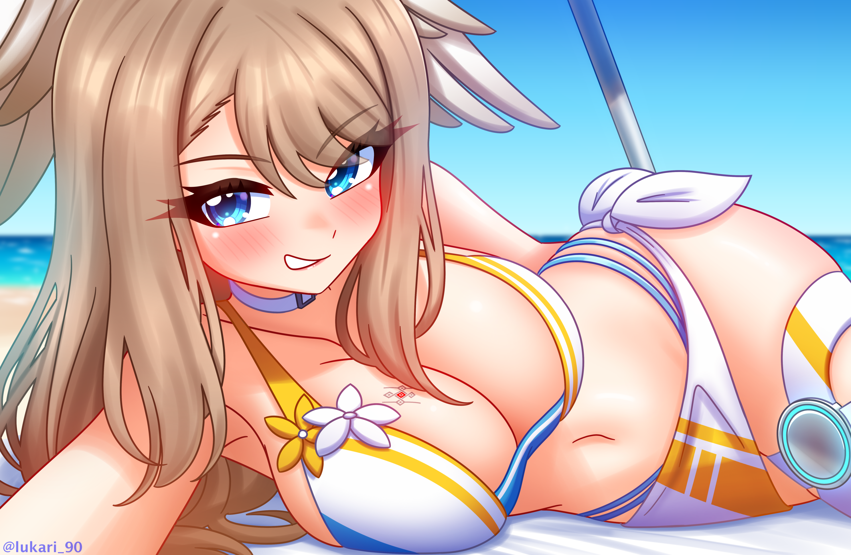 lukari, eunie (xenoblade), xenoblade chronicles (series), xenoblade chronicles 3, highres, 1girl, blue eyes, blue eyeslarge breasts, bodysuit, breast tattoo, breasts, brown hair, choker, cleavage, head wings, jacket, large breasts, long hair, looking at viewer, medium hair, smile, solo, swimsuit, tattoo, white choker, white wings, wings