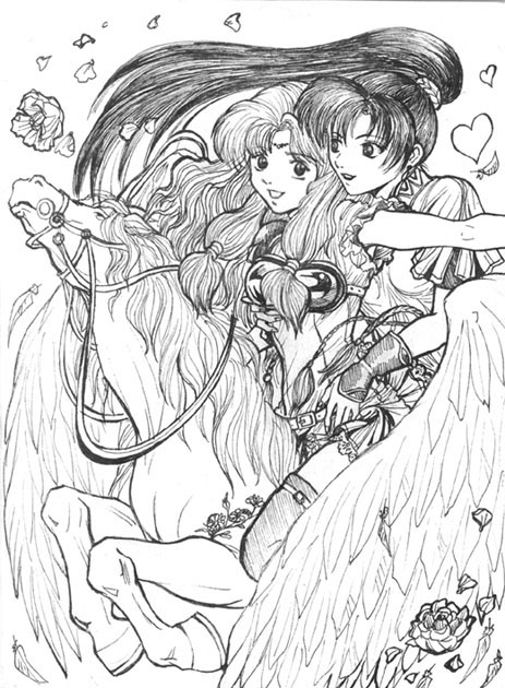 autumn sacura, florina, florina (fire emblem), lyn, lyndis (fire emblem), fire emblem, fire emblem: rekka no ken, pegasus knight uniform (fire emblem), 2girls, lineart, monochrome, multiple girls, pegasus, yuri