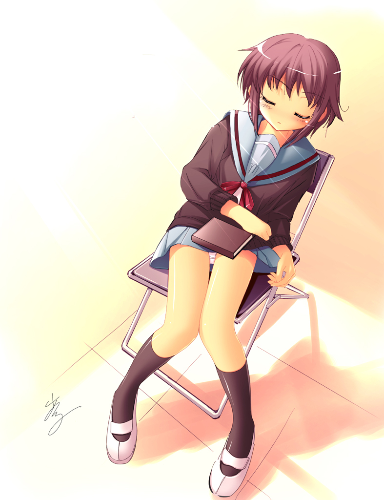 al azif (artist), aru (abyssinia), nagato yuki, suzumiya haruhi no yuuutsu, duplicate, 00s, 1girl, blush, book, female focus, panties, pantyshot, school uniform, serafuku, short hair, sitting, sleeping, solo, underwear