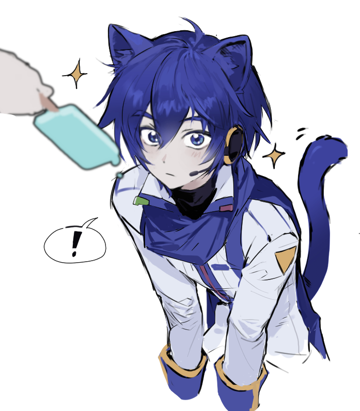 buckto, kaito (vocaloid), vocaloid, !, 1boy, 1other, animal ear fluff, animal ears, blue hair, blue scarf, blush, cat boy, cat ears, cat tail, closed mouth, coat, dot nose, double-parted bangs, food, hair between eyes, headset, holding, holding food, holding popsicle, long sleeves, male focus, melting, melting popsicle, motion lines, popsicle, scarf, simple background, sleeve cuffs, solo focus, sparkle, speech bubble, spoken exclamation mark, tail, white background, white coat, wide-eyed