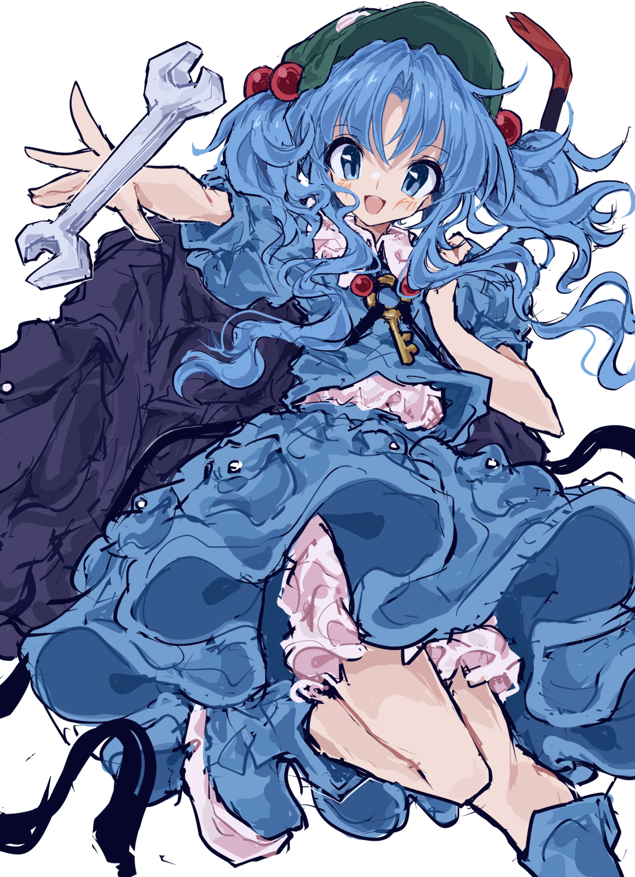 mugi (mugimugi 9kv), kawashiro nitori, touhou, commentary, highres, 1girl, :d, backpack, bag, baseball cap, black bag, bloomers, blue boots, blue eyes, blue hair, blue shirt, blue skirt, blush, boots, crowbar, curtained hair, foot out of frame, green hat, hair bobbles, hair ornament, hat, key, large bag, long hair, looking at viewer, open mouth, outstretched arm, puffy short sleeves, puffy sleeves, rubber boots, shirt, shirt tucked in, short sleeves, simple background, skirt, smile, solo, standing, standing on one leg, two side up, underwear, white background, white bloomers, white shirt, wrench
