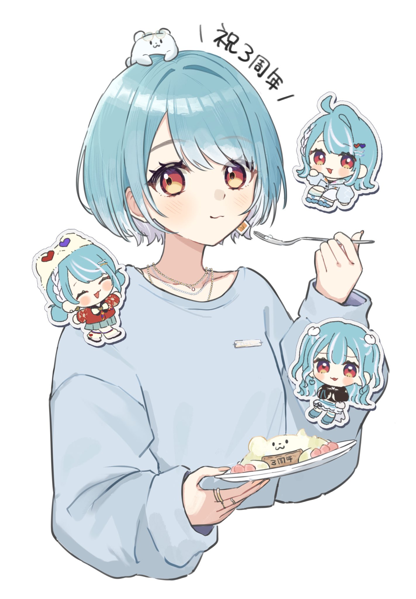 unimaru go, shiranami ramune, shiranami ramune (1st costume), shiranami ramune (2nd costume), shiranami ramune (3rd costume), shiranami ramune (4th costume), vspo!, highres, translation request, 1girl, :d, beanie, black shirt, blue hair, blue jacket, blue sweater, blush, braid, chibi, chibi inset, cropped torso, double bun, eating, food, fork, hair bun, hat, holding, holding fork, holding plate, jacket, jewelry, looking at viewer, multiple views, necklace, open mouth, plate, red eyes, ring, shirt, side braid, simple background, smile, sweater, virtual youtuber, white background