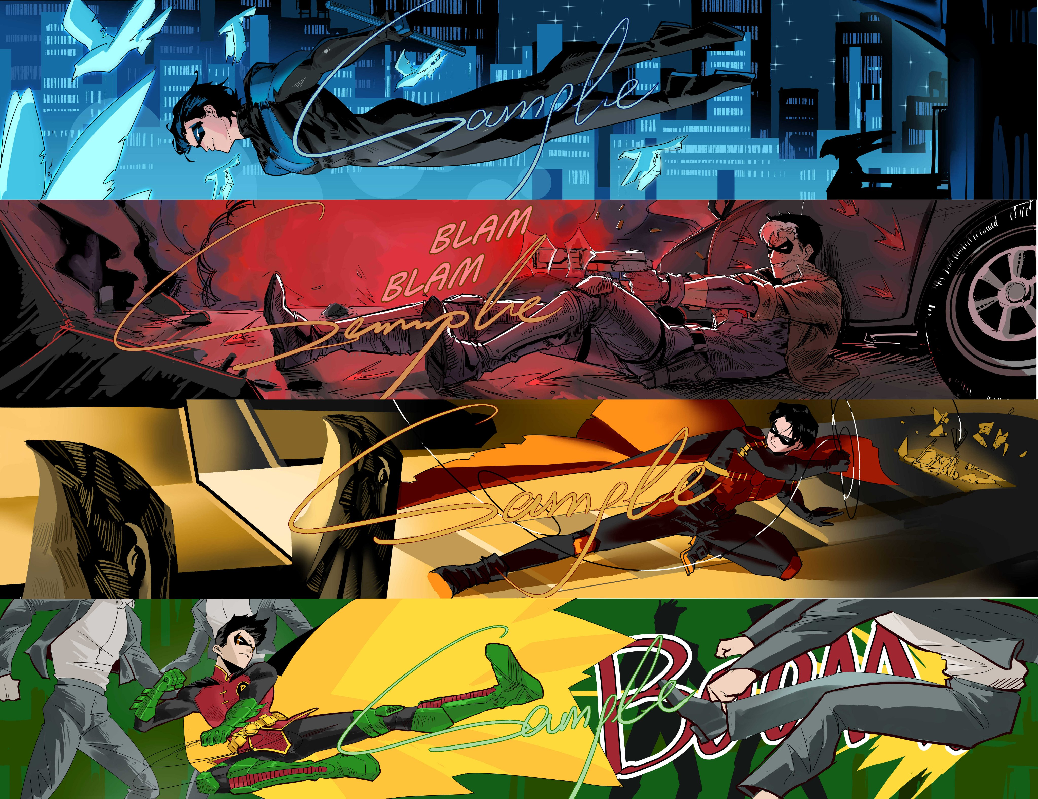 damian wayne, dick grayson, jason todd, nightwing, red hood (dc), red robin, robin (dc), tim drake, batman (series), dc comics, absurdres, highres, bat signal, batman symbol, belt, black bodysuit, black gloves, black hair, blue eyes, bodysuit, brothers, cape, cryinggyarados, domino mask, gloves, grey bodysuit, holding, jacket, male focus, mask, multiple boys, muscular, muscular male, pants, sample watermark, short hair, siblings, smile, superhero costume, taut bodysuit, two-tone bodysuit, utility belt, watermark, yellow cape