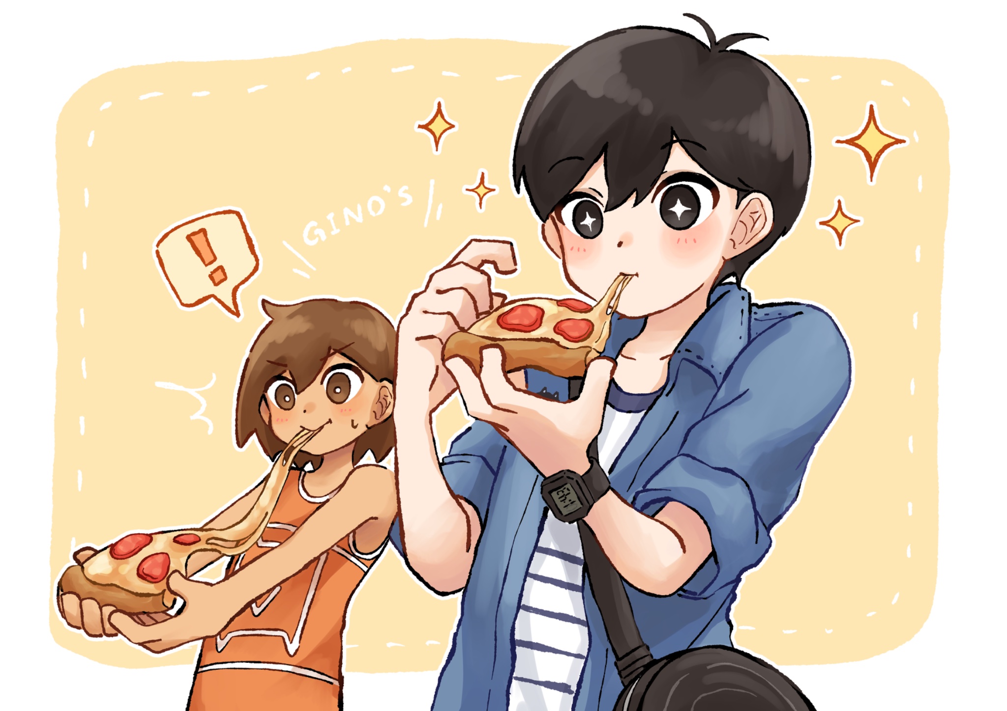 imo mo 0, kel (faraway) (omori), kel (omori), mewo, sunny (birthday) (omori), sunny (omori), omori, commentary, highres, symbol-only commentary, !, + +, 2boys, antenna hair, bag, bare arms, bare shoulders, black bag, black eyes, black hair, blue jacket, blue shirt, blush, border, bright pupils, brown eyes, brown hair, closed mouth, collarbone, collared jacket, cowlick, dark-skinned male, dark skin, denim, denim jacket, double-parted bangs, eating, food, from below, hair behind ear, hair between eyes, hands up, holding, holding food, holding pizza, inset border, jacket, looking at food, male focus, multiple boys, official alternate costume, outline, outside border, pepperoni, pizza, pizza slice, shirt, short-sleeved jacket, short hair, short sleeves, shoulder bag, simple background, smile, sparkle, spoken exclamation mark, striped clothes, striped shirt, sweatdrop, two-tone shirt, upper body, very short hair, watch, white border, white outline, white pupils, white shirt, wristwatch, yellow background