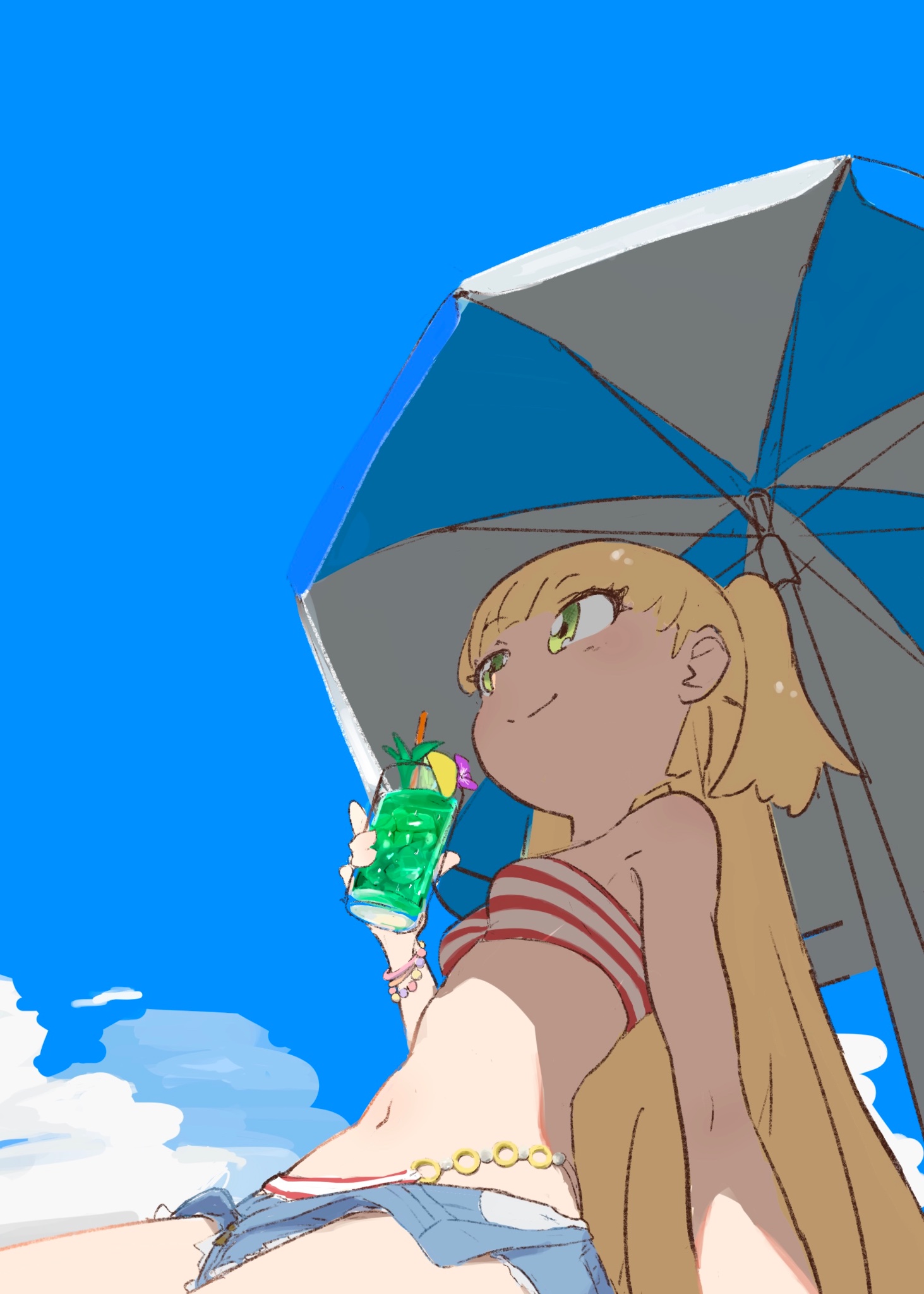 mochiwo4, jougasaki rika, idolmaster, idolmaster cinderella girls, hashtag-only commentary, highres, 1girl, bangle, bare shoulders, beach umbrella, bikini, blonde hair, blue sky, bracelet, breasts, cloud, denim, denim shorts, from below, green eyes, jewelry, long hair, micro shorts, navel, outdoors, shorts, sitting, sky, small breasts, solo, stomach, striped bikini, striped clothes, swimsuit, thighs, tropical drink, two side up, umbrella, very long hair