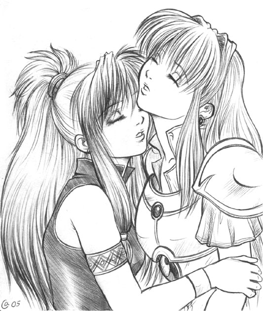 autumn sacura, eirika, marisa, marisa (fire emblem), fire emblem, fire emblem: seima no kouseki, arm grab, 2girls, armband, armor, closed eyes, earrings, hug, jewelry, lineart, long hair, monochrome, multiple girls, ponytail, princess, yuri