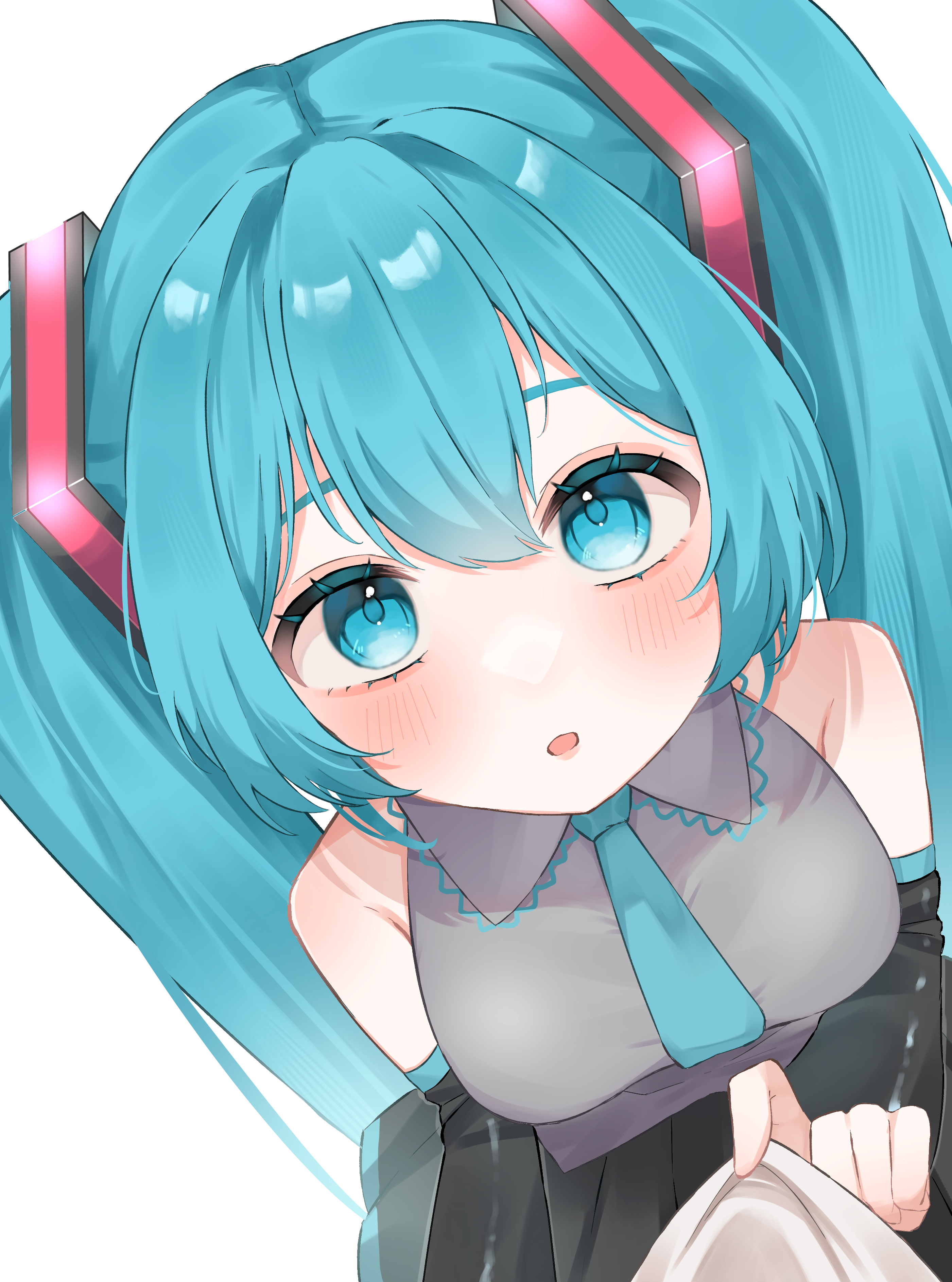 mokoinu (pixiv 27216243), hatsune miku, vocaloid, absurdres, commentary request, highres, 1girl, :o, bare shoulders, black sleeves, blue eyes, blue hair, blue necktie, blush, breasts, detached sleeves, double-parted bangs, from above, grey shirt, hair between eyes, hair ornament, long hair, long sleeves, looking at viewer, looking up, medium breasts, necktie, out of frame, parted lips, shirt, shirt tug, simple background, sleeveless, sleeveless shirt, solo focus, twintails, upper body, white background