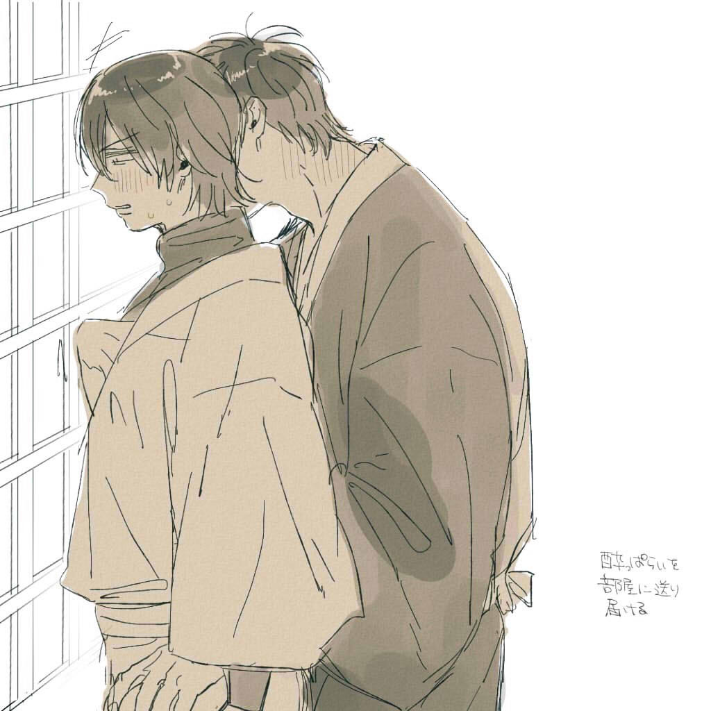 se0h, hijikata toushirou, yamazaki sagaru, gintama, commentary request, translation request, 2boys, cowboy shot, from side, hand in another's clothes, hand under clothes, hand under shirt, japanese clothes, kimono, monochrome, multiple boys, shirt, sweat, window, yaoi