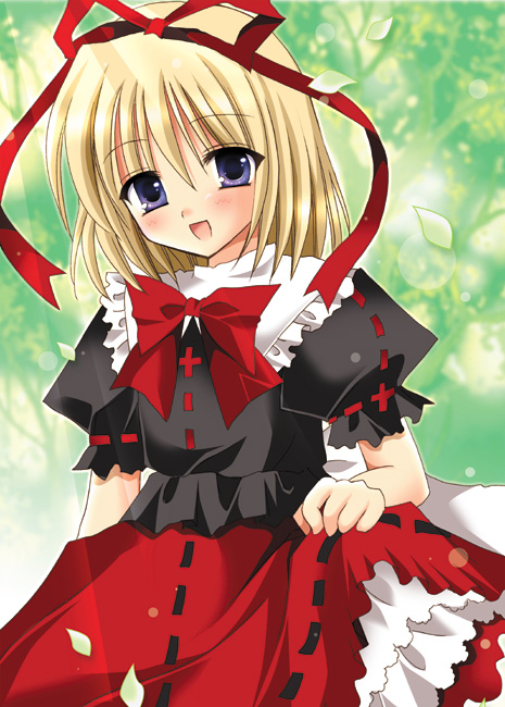 kirishima riona, medicine melancholy, touhou, eyebrows, 1girl, blonde hair, blue eyes, blush, female focus, frilled skirt, frills, hair ribbon, looking at viewer, open mouth, outdoors, petals, puffy short sleeves, puffy sleeves, red ribbon, red skirt, ribbon, short sleeves, skirt, smile, solo