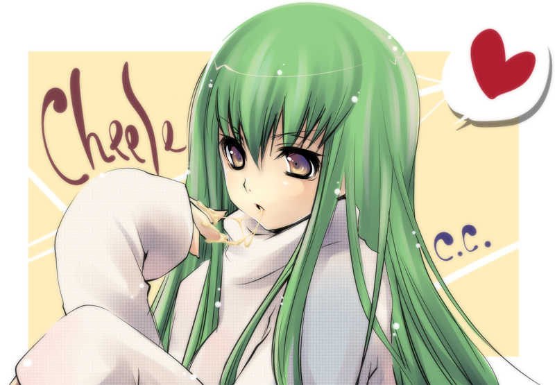 yukian, c.c., code geass, beige background, 00s, 1girl, :o, border, character name, cheese, female focus, food, green hair, heart, long hair, long sleeves, looking at viewer, open mouth, outside border, simple background, solo, speech bubble, spoken heart, sweater, turtleneck, upper body, very long hair, yellow background, yellow eyes