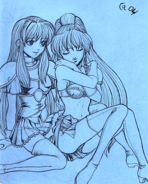 autumn sacura, eirika, fire emblem, fire emblem: seima no kouseki, pegasus knight uniform (fire emblem), tana, 2girls, armor, bra, closed eyes, gloves, lapsit, lineart, lingerie, monochrome, multiple girls, panties, princess, sitting, sitting on lap, sitting on person, skirt, thighhighs, underwear, undressing, yuri