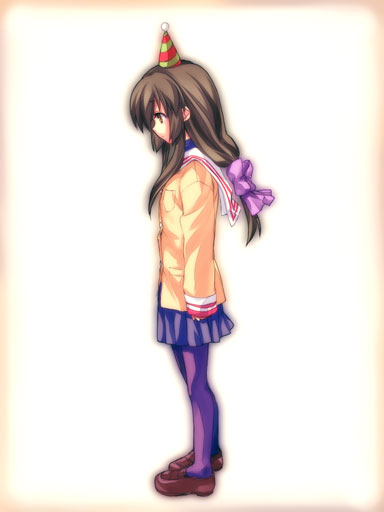 satomi yoshitaka, ibuki fuuko, clannad, 00s, 1girl, female focus, hat, long hair, low-tied long hair, pantyhose, party hat, solo