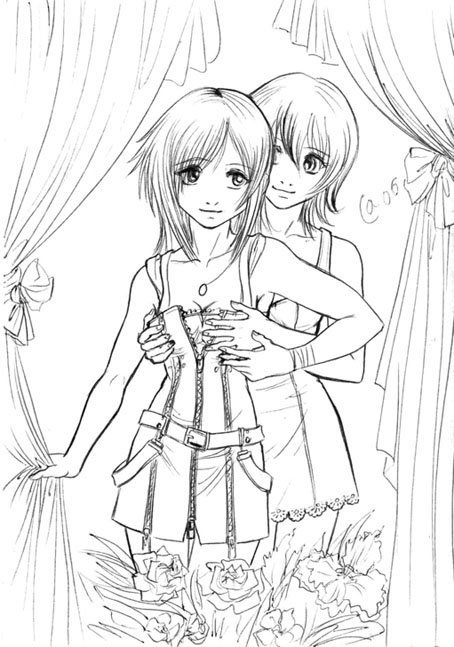autumn sacura, kairi, namine, kingdom hearts, kingdom hearts ii, 2girls, breasts, dress, flower, grabbing another's breast, lineart, monochrome, multiple girls, smile, yuri