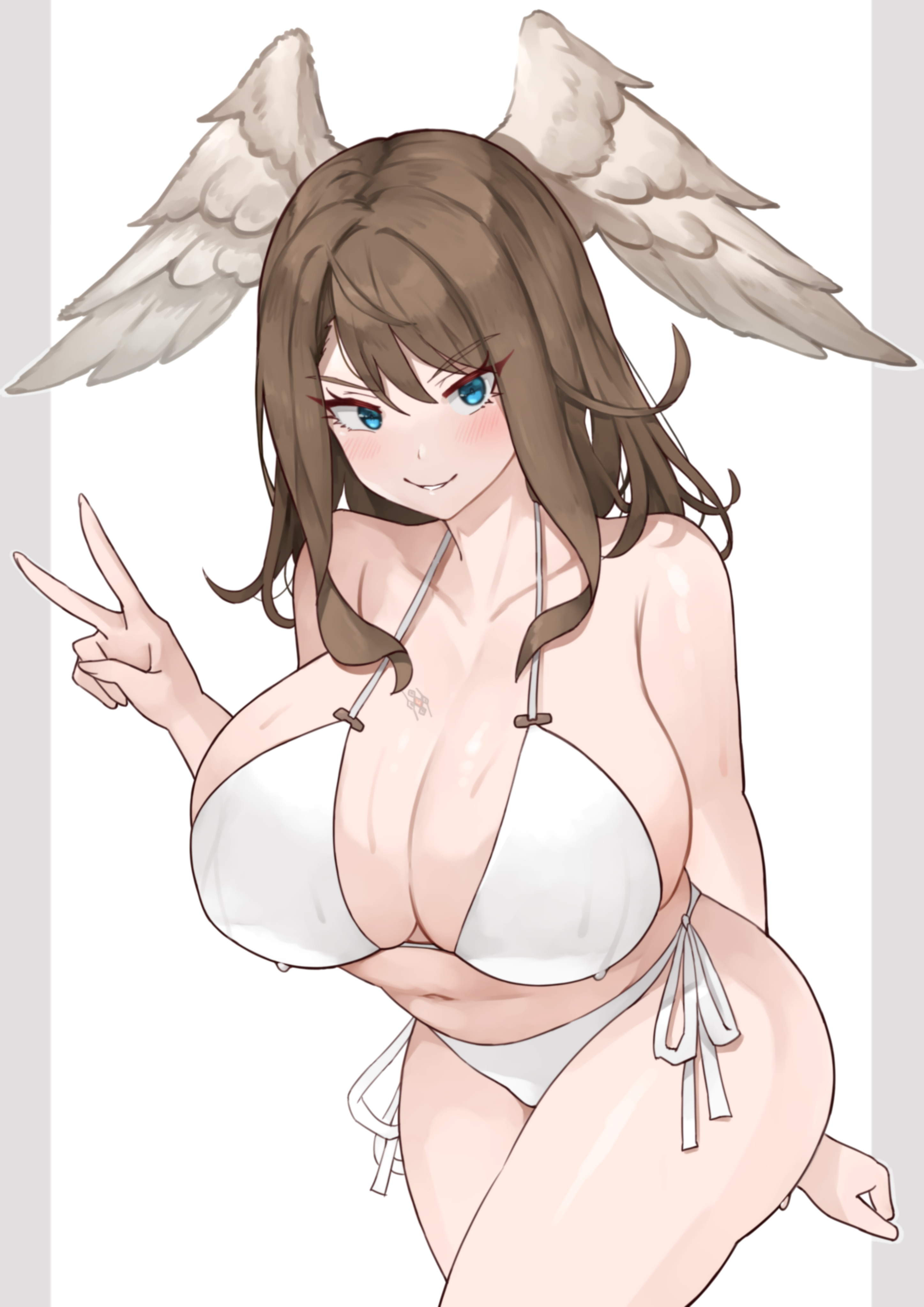 yotsuha uni, eunie (xenoblade), xenoblade chronicles (series), xenoblade chronicles 3, absurdres, highres, 1girl, arm behind back, bikini, blue eyes, breast tattoo, breasts, brown hair, cleavage, head wings, large breasts, long hair, looking at viewer, medium hair, simple background, smile, solo, swimsuit, tattoo, v, white bikini, white wings, wings