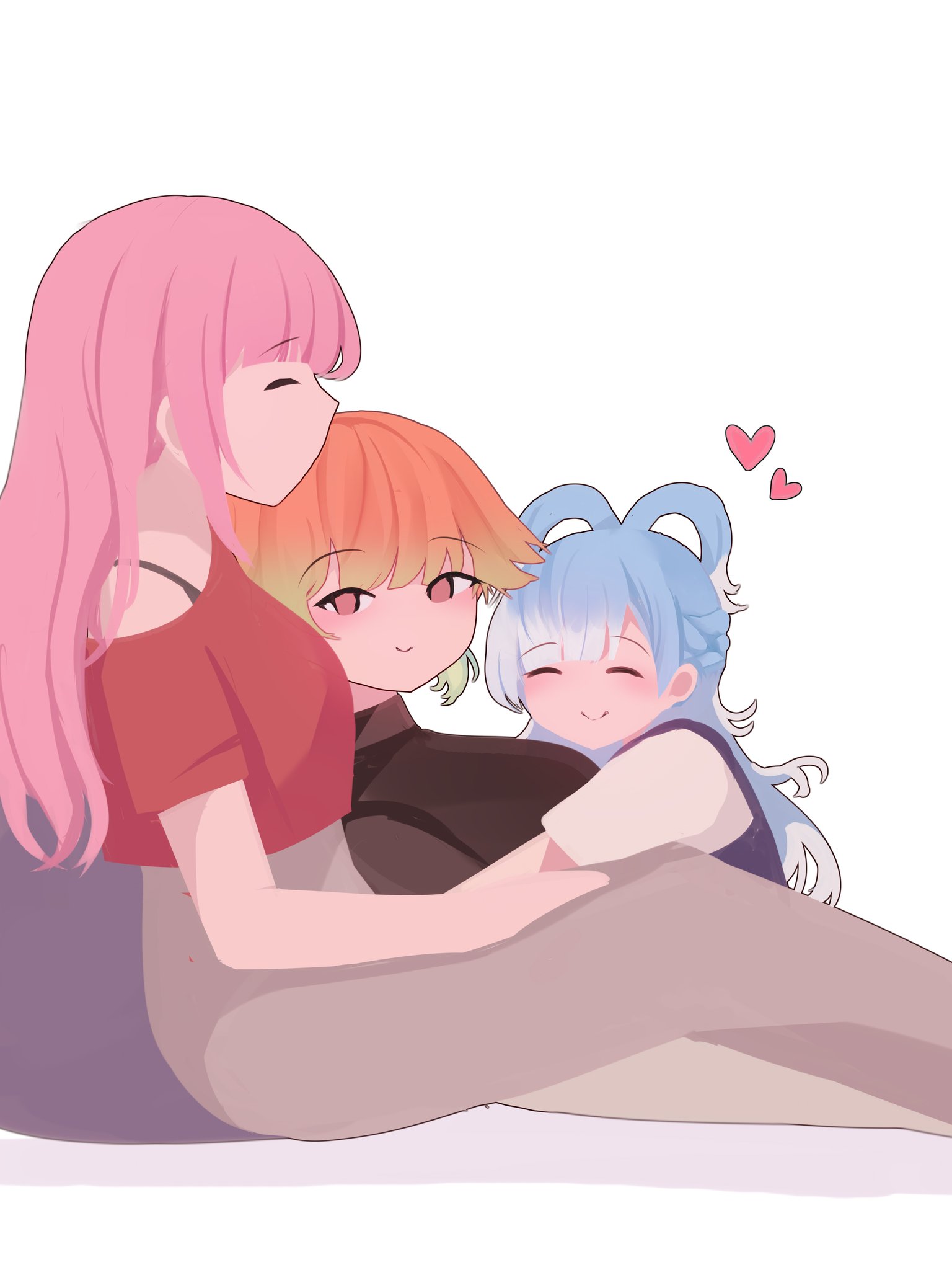 viqur, kobo kanaeru, mori calliope, takanashi kiara, hololive, hololive english, hololive indonesia, highres, alternate costume, blush, breasts, couple, earrings, family, feather earrings, feathers, jewelry, large breasts, long hair, mother and daughter, multicolored hair, multiple girls, pink hair, simple background, virtual youtuber, white background, wife and wife, yuri
