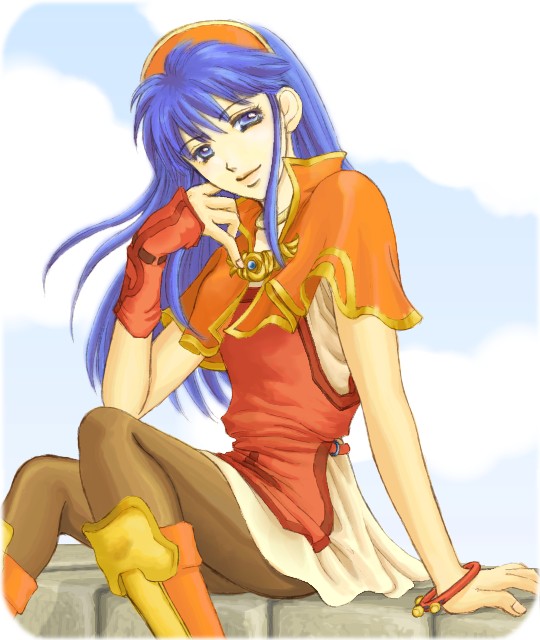 lilina (fire emblem), fire emblem, fire emblem: the binding blade, nintendo, 1girl, black pantyhose, blue eyes, blue hair, capelet, dress, female focus, hair flip, matching hair/eyes, pantyhose, simple background, solo