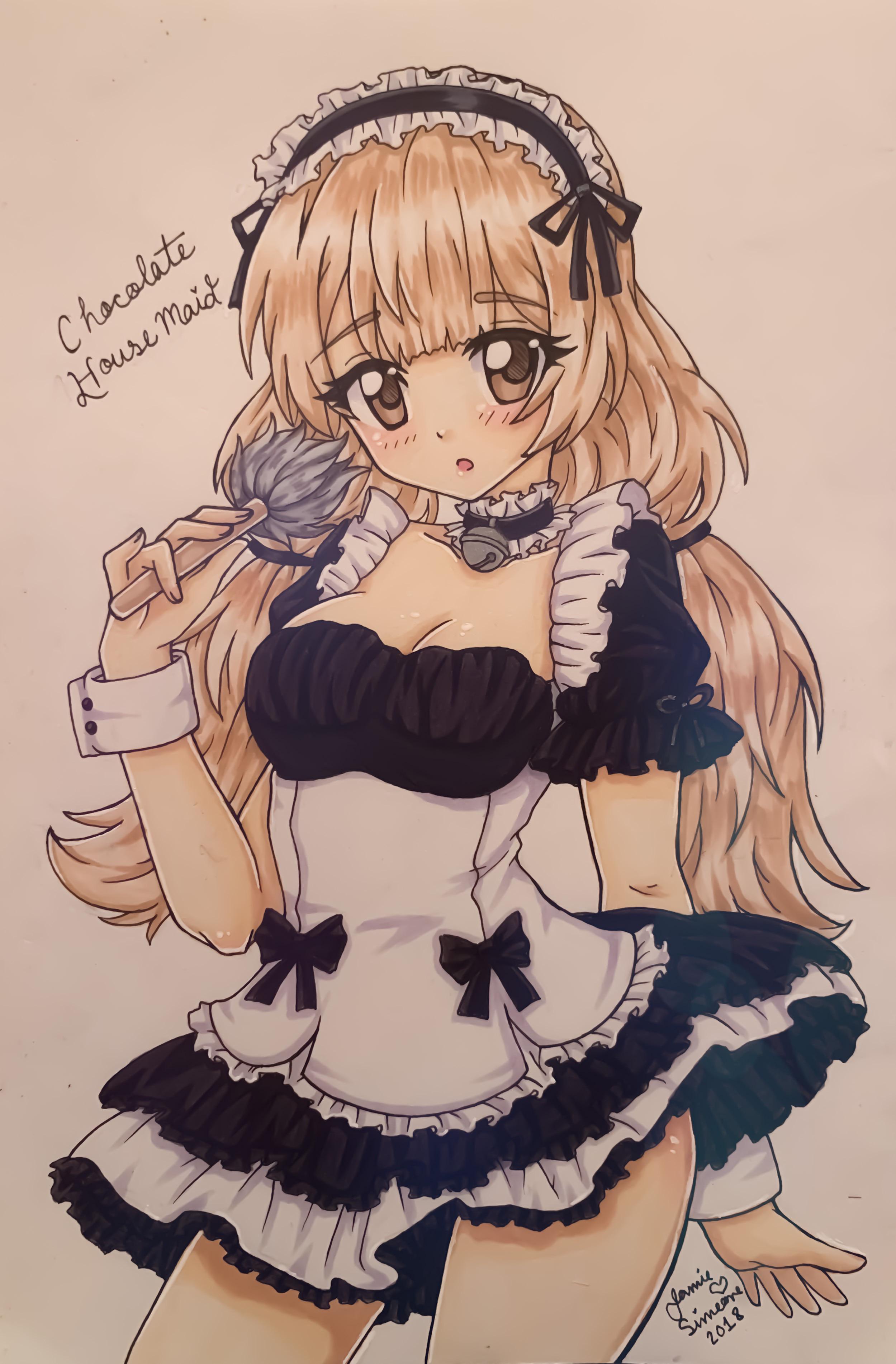 miracle nikki, nikki (series), absurdres, commentary, english commentary, highres, traditional media, 1girl, 2018, apron, bell, black bow, black choker, black dress, black hairband, black ribbon, blonde hair, blunt bangs, bow, bow apron, breasts, brown eyes, buttons, chocolate housemaid (miracle nikki), choker, cleavage, cowboy shot, dot nose, dress, duster, eyelashes, feather duster, frilled apron, frilled choker, frilled dress, frilled hairband, frilled sleeves, frills, hair ribbon, hair tie, hairband, holding, holding duster, light blush, lolita hairband, long hair, looking at viewer, loose hair strand, low twintails, maid, neck bell, open mouth, puffy short sleeves, puffy sleeves, ribbon, short dress, short sleeves, signature, sleeve ribbon, solo, standing, tareme, thighs, twintails, very long hair, white apron, white wrist cuffs, wrist cuffs, yamisaan