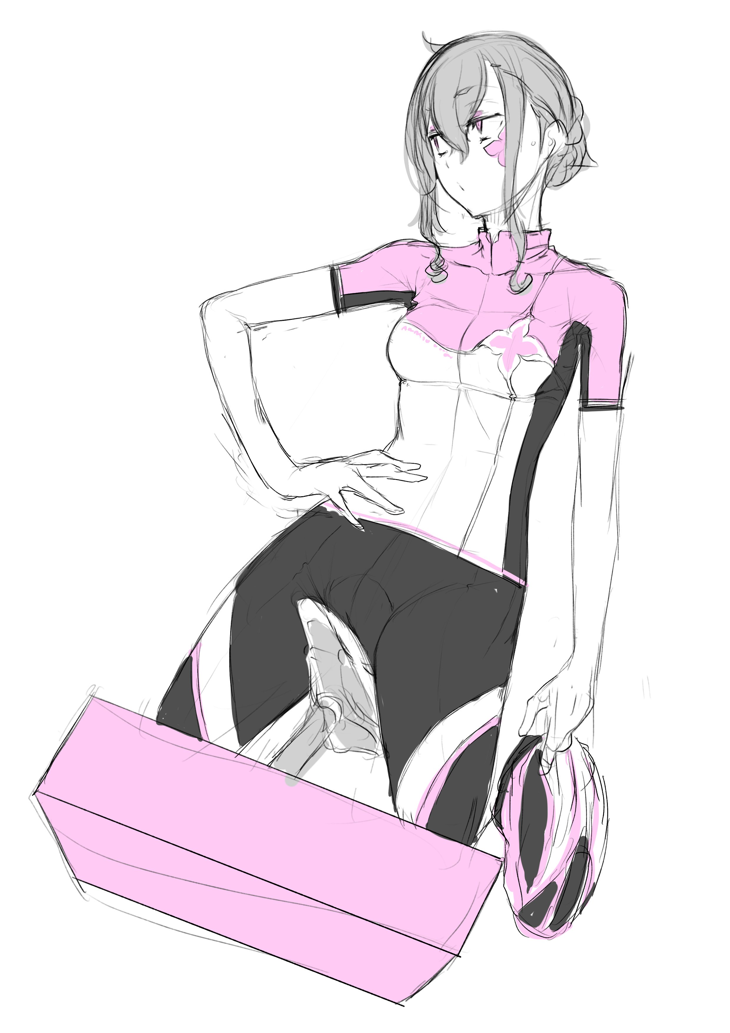 yasuda suzuhito, v lila f, yozakura quartet, absurdres, highres, 1girl, biker clothes, bikesuit, bodysuit, breasts, cropped legs, facial tattoo, greyscale, helmet, monochrome, pink eyes, short hair, simple background, solo, spot color, tattoo, unworn headwear, unworn helmet, white background