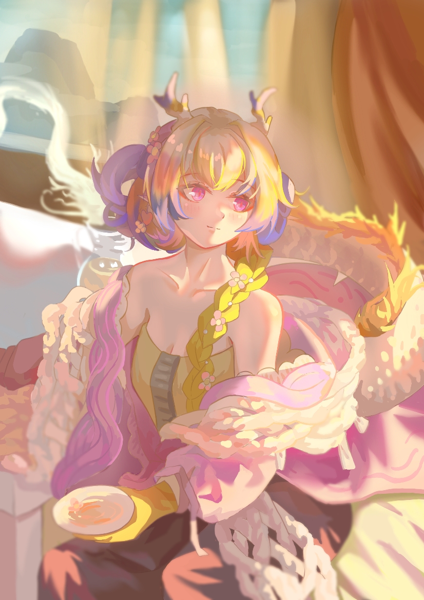 hairenliangjiaoshou, shu (arknights), shu (spring feast) (arknights), arknights, chinese commentary, commentary, 1girl, bare shoulders, blonde hair, blush, braid, breasts, cleavage, closed mouth, collarbone, colored extremities, cup, dragon girl, dragon horns, dragon tail, drink, flower, hair flower, hair ornament, holding, holding drink, horns, light smile, long hair, looking to the side, medium breasts, off shoulder, official alternate costume, pink eyes, purple hair, sakazuki, shawl, sitting, solo, sunlight, tail, white hair, white shawl