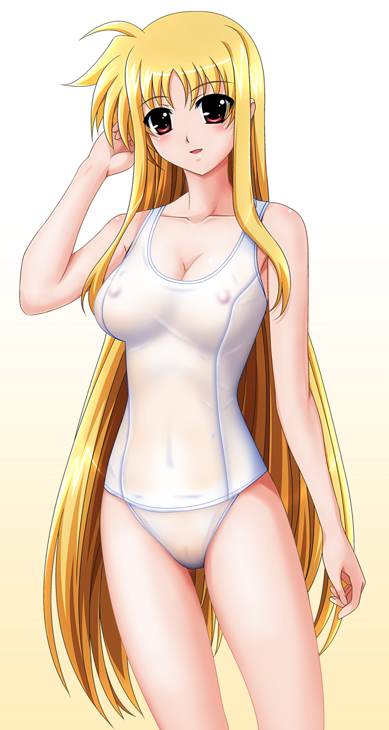 fate testarossa, lyrical nanoha, mahou shoujo lyrical nanoha, mahou shoujo lyrical nanoha strikers, highres, 00s, 1girl, adjusting hair, blonde hair, breasts, cleavage, covered navel, female focus, large breasts, long hair, navel, nipples, one-piece swimsuit, pussy, red eyes, school swimsuit, see-through clothes, smile, solo, swimsuit, uncensored, very long hair, white one-piece swimsuit, white school swimsuit