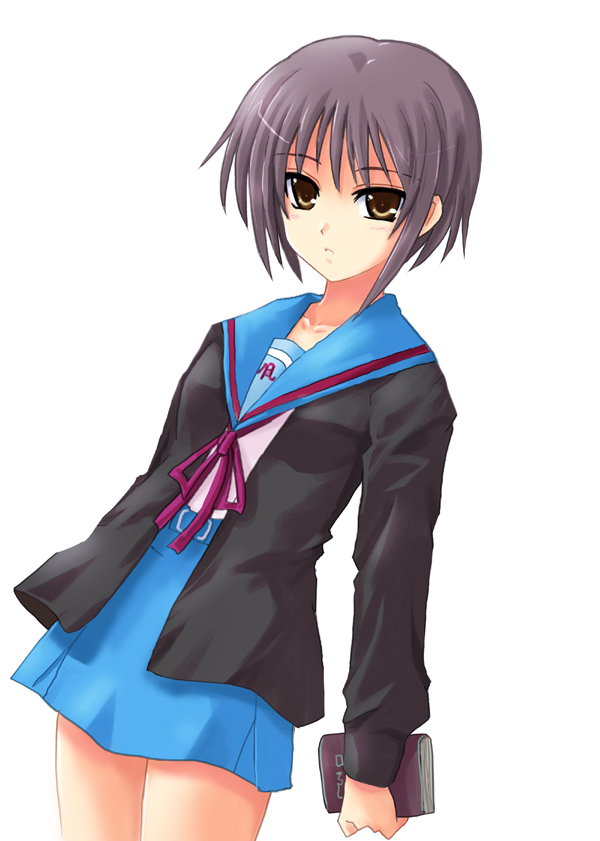 haura akitoshi, nagato yuki, suzumiya haruhi no yuuutsu, 00s, book, school uniform, serafuku, short hair, solo, yellow eyes
