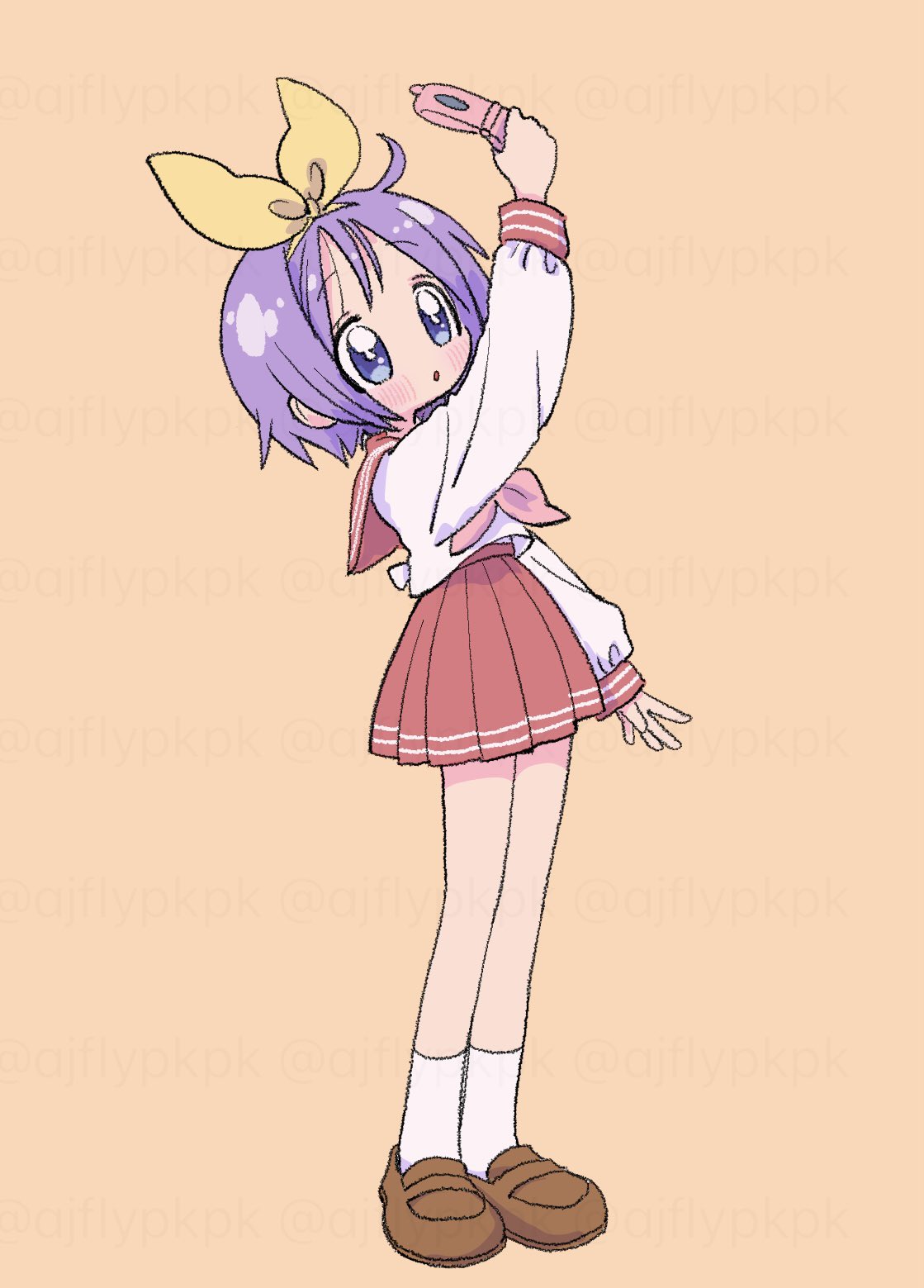 aji fry, hiiragi tsukasa, lucky star, highres, 1girl, blue eyes, blush, bow, brown shoes, hair bow, holding, holding phone, neckerchief, orange background, phone, pink neckerchief, pleated skirt, purple hair, red sailor collar, red skirt, red sleeve cuffs, ryouou school uniform, sailor collar, school uniform, serafuku, shirt, shoes, short hair, skirt, socks, striped sleeve cuffs, tareme, white shirt, white socks, yellow bow