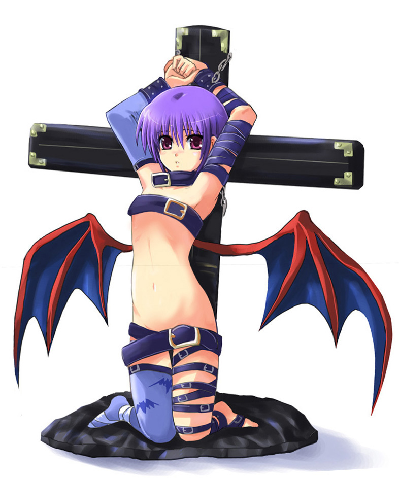 haura akitoshi, lilith (darkstalkers), capcom, darkstalkers, 1girl, animal print, armpits, arms up, asymmetrical clothes, bat print, bat wings, bdsm, belt, belt bra, belt skirt, blue thighhighs, bondage, bound, chain, cross, demon girl, female focus, flat chest, latin cross, leather, print thighhighs, red eyes, short hair, single thighhigh, solo, thigh strap, thighhighs, wings
