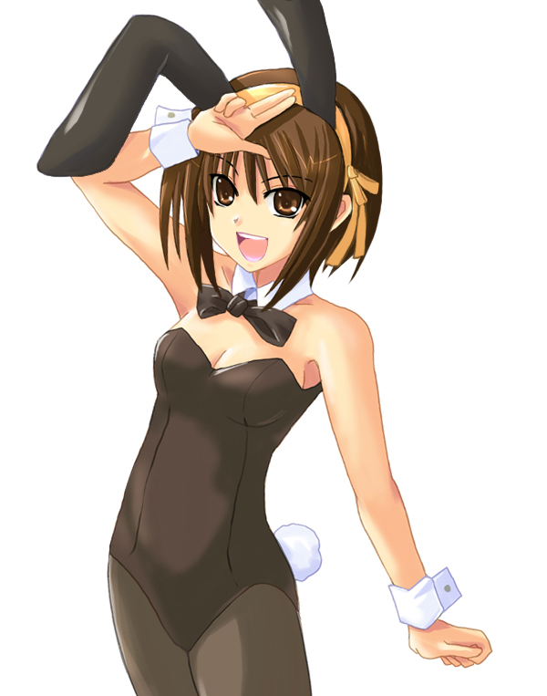 haura akitoshi, suzumiya haruhi, suzumiya haruhi no yuuutsu, 00s, 1girl, :d, animal ears, arm up, black bow, black bowtie, black leotard, black pantyhose, bow, bowtie, breasts, brown eyes, brown hair, cowboy shot, cropped legs, detached collar, fake animal ears, female focus, hairband, leotard, looking at viewer, open mouth, pantyhose, playboy bunny, rabbit ears, rabbit tail, salute, short hair, simple background, smile, solo, strapless, strapless leotard, tail, white background, wrist cuffs