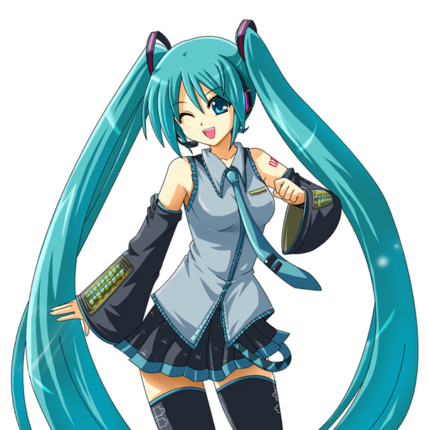 haura akitoshi, hatsune miku, vocaloid, blue hair, detached sleeves, long hair, miniskirt, necktie, skirt, thighhighs, twintails, very long hair, wink, zettai ryouiki