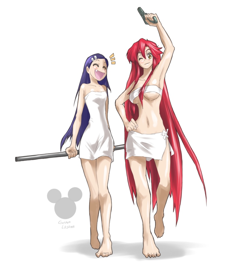 oso (toolate), kiyal bachika, yoko littner, tengen toppa gurren lagann, 00s, 2girls, alternate hairstyle, armpits, arms up, blush, breasts, fang, gun, handgun, long hair, medium breasts, midriff, multiple girls, naked towel, one eye closed, pistol, purple hair, red hair, towel, underboob, very long hair, weapon, wink, yellow eyes