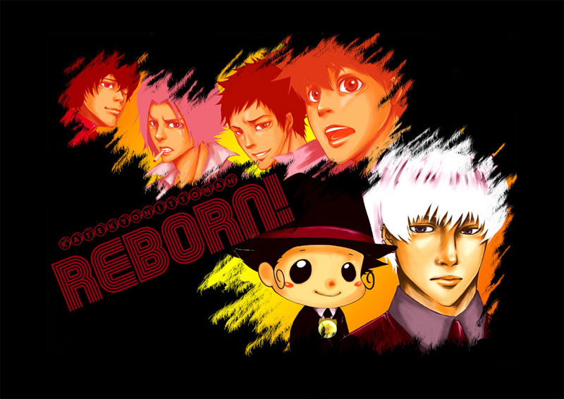 hine (artist), gokudera hayato, lambo, reborn, sawada tsunayoshi, yamamoto takeshi, katekyo hitman reborn!, 00s, 5boys, androgynous, black background, blush, closed mouth, expressionless, formal clothes, hat, lips, looking at viewer, multiple boys, orange hair, pink hair, realistic, red hair, simple background, smile, suit, text focus, top hat, upper body, white hair