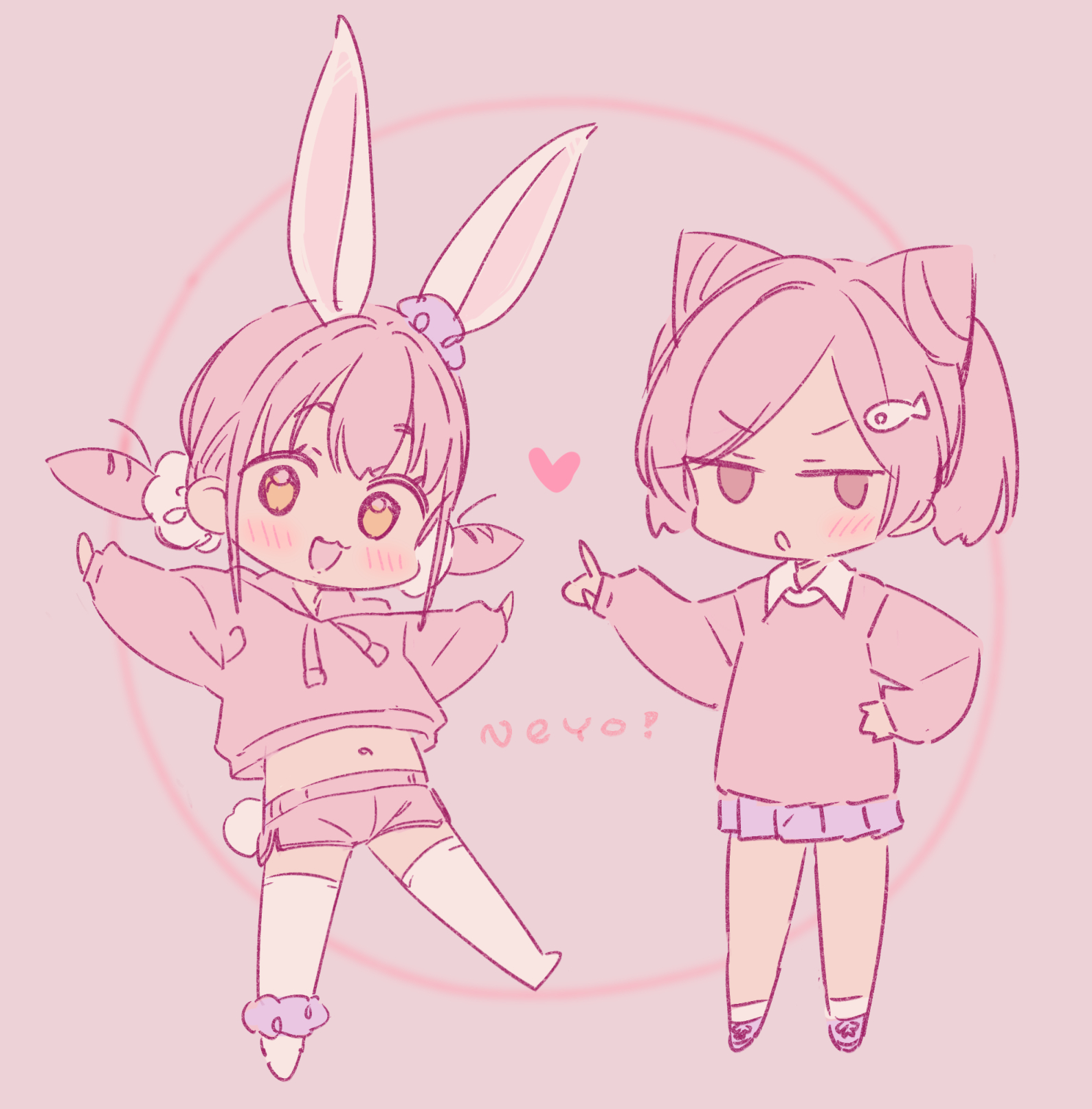 jigatei (omijin), original, commentary, highres, symbol-only commentary, 2girls, :d, animal ears, blush, brown background, brown eyes, cone hair bun, crop top, drawstring, fish hair ornament, full body, hair bun, hair ornament, heart, hood, hood down, hoodie, long sleeves, looking at viewer, multiple girls, navel, open mouth, parted lips, pink hoodie, pink shorts, puffy long sleeves, puffy sleeves, purple shoes, rabbit ears, rabbit girl, rabbit tail, romaji text, shoes, short eyebrows, short shorts, short twintails, shorts, sleeves past wrists, smile, socks, tail, thick eyebrows, thighhighs, twintails, v-shaped eyebrows, white socks, white thighhighs
