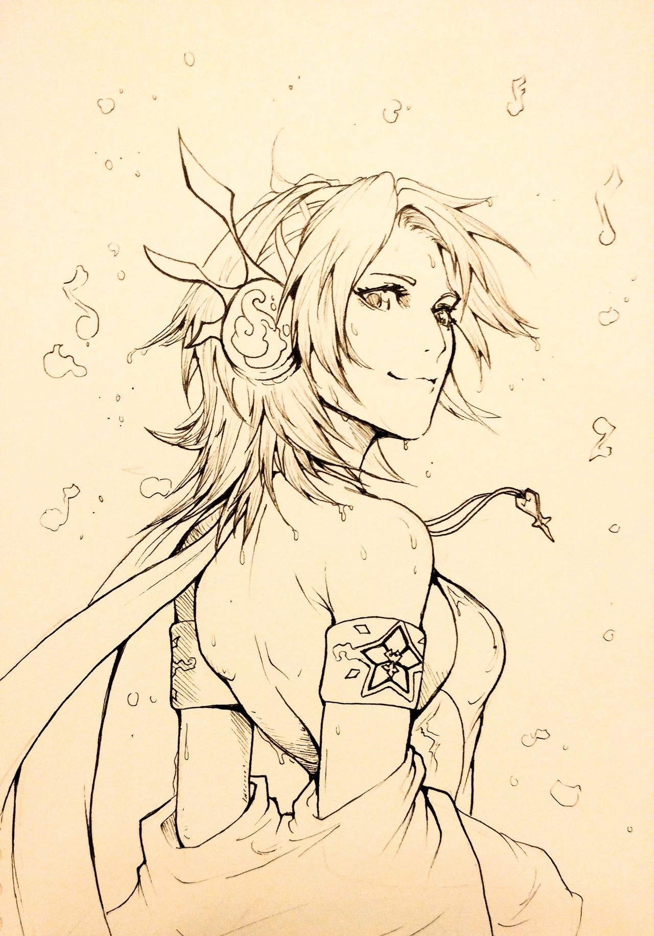 draconli, aqua (kingdom hearts), kingdom hearts, kingdom hearts birth by sleep, highres, 1girl, armband, armpit crease, backless outfit, bare shoulders, breasts, closed mouth, detached sleeves, eighth note, from behind, headphones, heart pendant, lineart, looking at viewer, looking back, median furrow, medium breasts, medium hair, monochrome, musical note, parted bangs, shoulder blades, simple background, sixteenth note, sketch, smile, solo, upper body, water drop, wet
