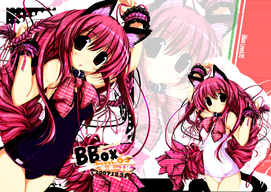 oshiki hitoshi, original, plaid, 00s, 2007, 2girls, animal ears, arm garter, black one-piece swimsuit, blush, bow, braid, cat ears, collar, dated, long hair, multiple girls, one-piece swimsuit, pink bow, pink hair, ribbon, school swimsuit, siblings, sisters, swimsuit, twin braids, twins, very long hair, white one-piece swimsuit, white school swimsuit