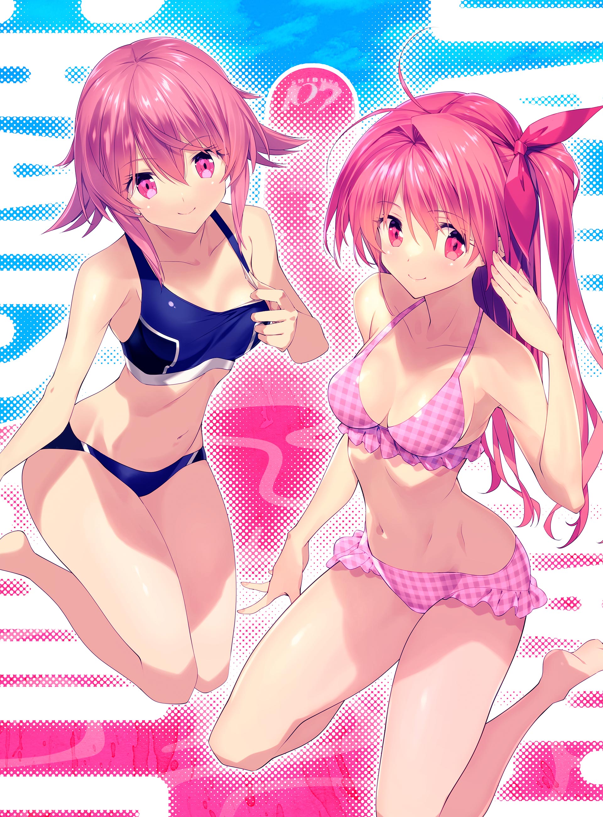 sasaki mutsumi, onoe serika, sakihata rimi, chaos;child, chaos;child love chu chu!!, chaos;head, chaos;head love chu chu!, science adventure, absurdres, highres, official art, 2girls, barefoot, bikini, blue bikini, breasts, cleavage, collarbone, frilled bikini, frills, groin, kneeling, long hair, looking at viewer, medium breasts, multiple girls, navel, one side up, pink eyes, pink hair, purple bikini, shibuya 109, short hair, short hair with long locks, sitting, small breasts, smile, stomach, swimsuit, wariza