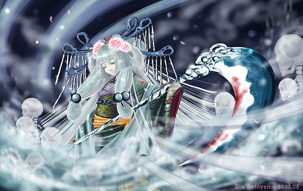 hatoyama rin, hatoyama ryo, original, silver hair, 1girl, closed eyes, female focus, scythe, solo
