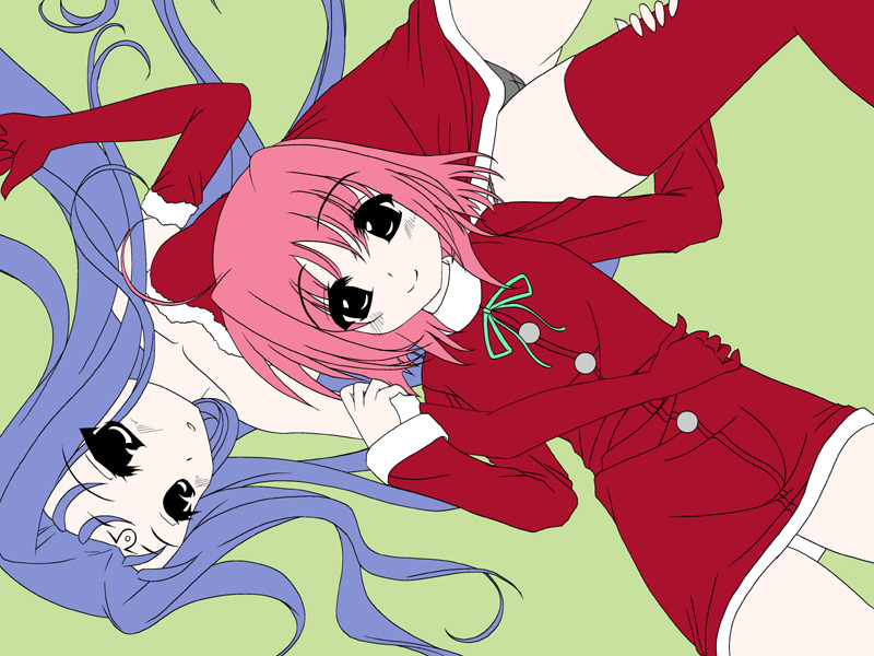 frapowa, caro ru lushe, lutecia, lutecia alpine, lyrical nanoha, mahou shoujo lyrical nanoha, mahou shoujo lyrical nanoha strikers, unfinished, 00s, 2girls, black panties, christmas, multiple girls, panties, santa costume, thighhighs, underwear