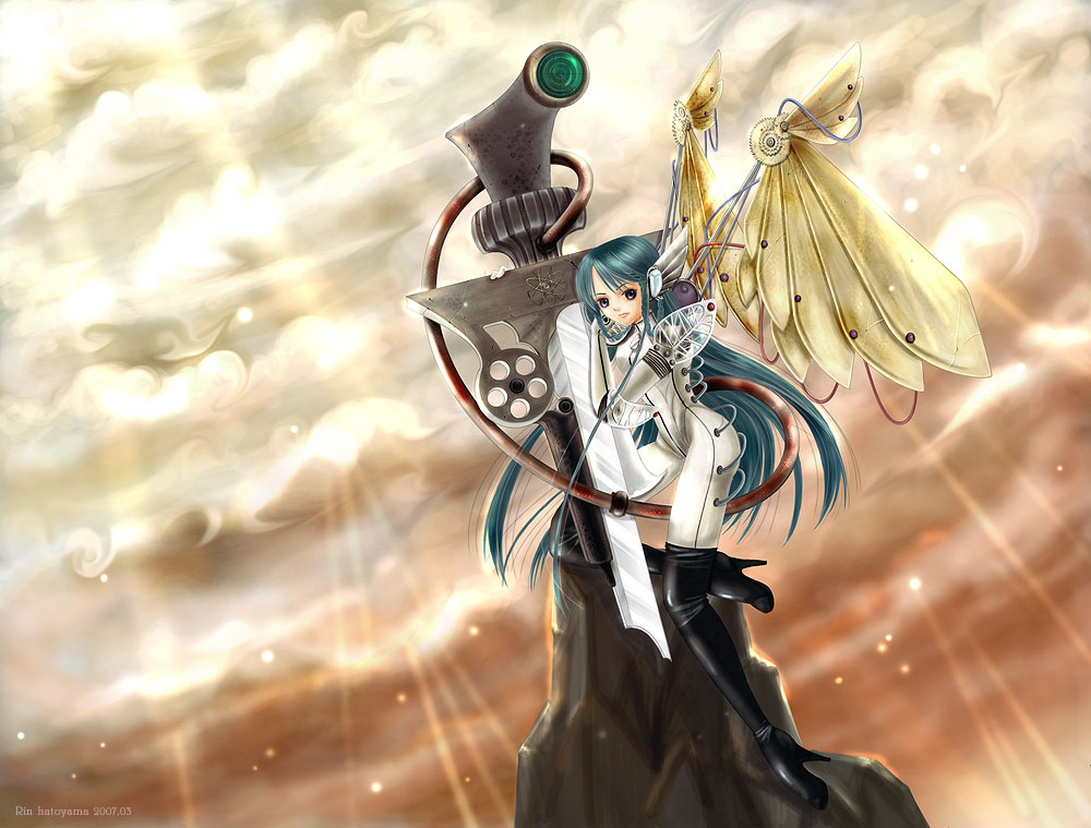 hatoyama rin, hatoyama ryo, original, 1girl, black boots, blue eyes, boots, cable, female focus, green hair, long hair, solo, sword, weapon