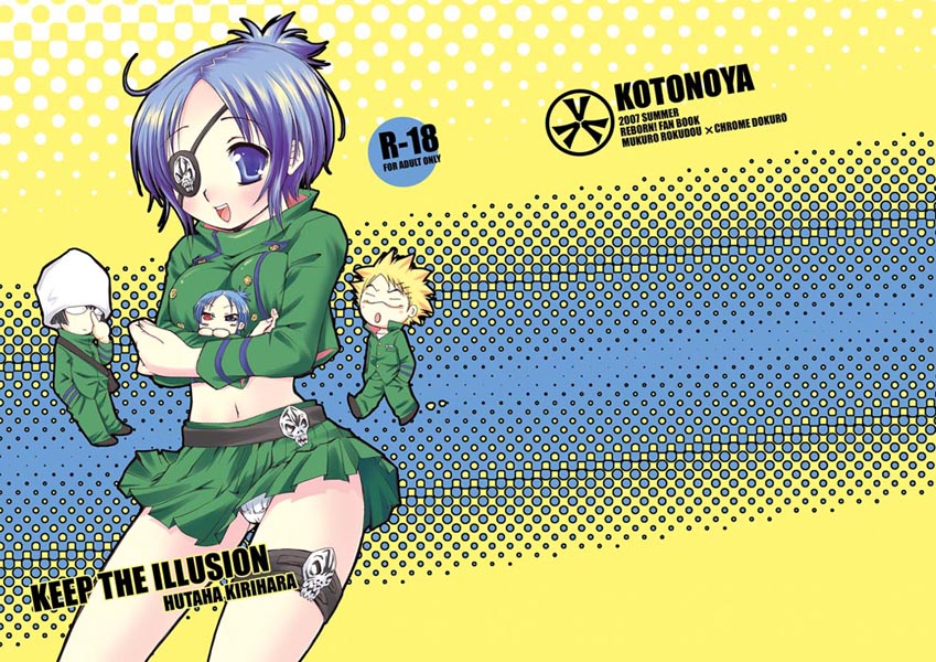chrome dokuro, joushima ken, kakimoto chikusa, rokudou mukuro, katekyo hitman reborn!, 00s, 1girl, 3boys, eyepatch, multiple boys, panties, school uniform, serafuku, underwear
