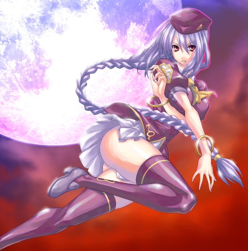 teku (2nd escape), sion eltnam (type-moon), sion eltnam atlasia, melty blood, tsukihime, type-moon, 00s, beret, braid, full moon, hat, long hair, miniskirt, moon, red eyes, skirt, solo, thighhighs