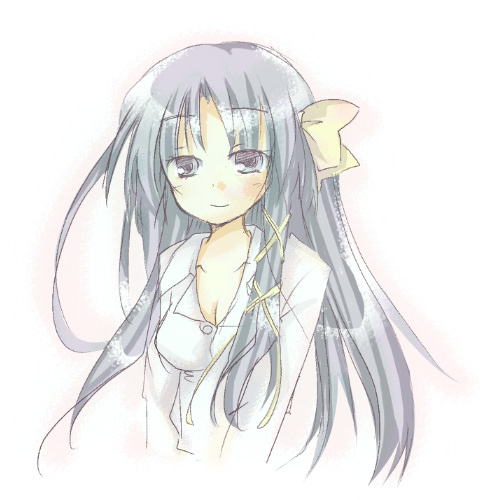 furui suguri, kurugaya yuiko, little busters!, eyebrows, lowres, 1girl, black hair, blush, breasts, cleavage, collarbone, collared shirt, dress shirt, female focus, long hair, long sleeves, looking at viewer, purple eyes, shirt, simple background, smile, solo, very long hair, white background, white shirt