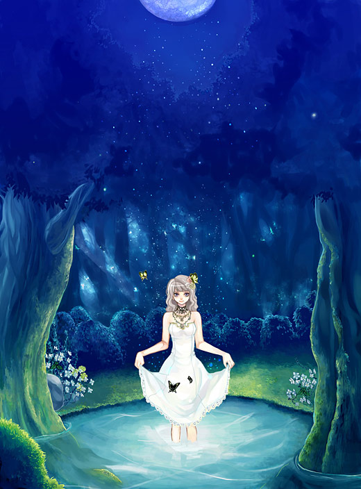 original, bug, butterfly, clothes lift, fantasy, flower, full moon, insect, moon, scenery, skirt, skirt hold, skirt lift, solo, water