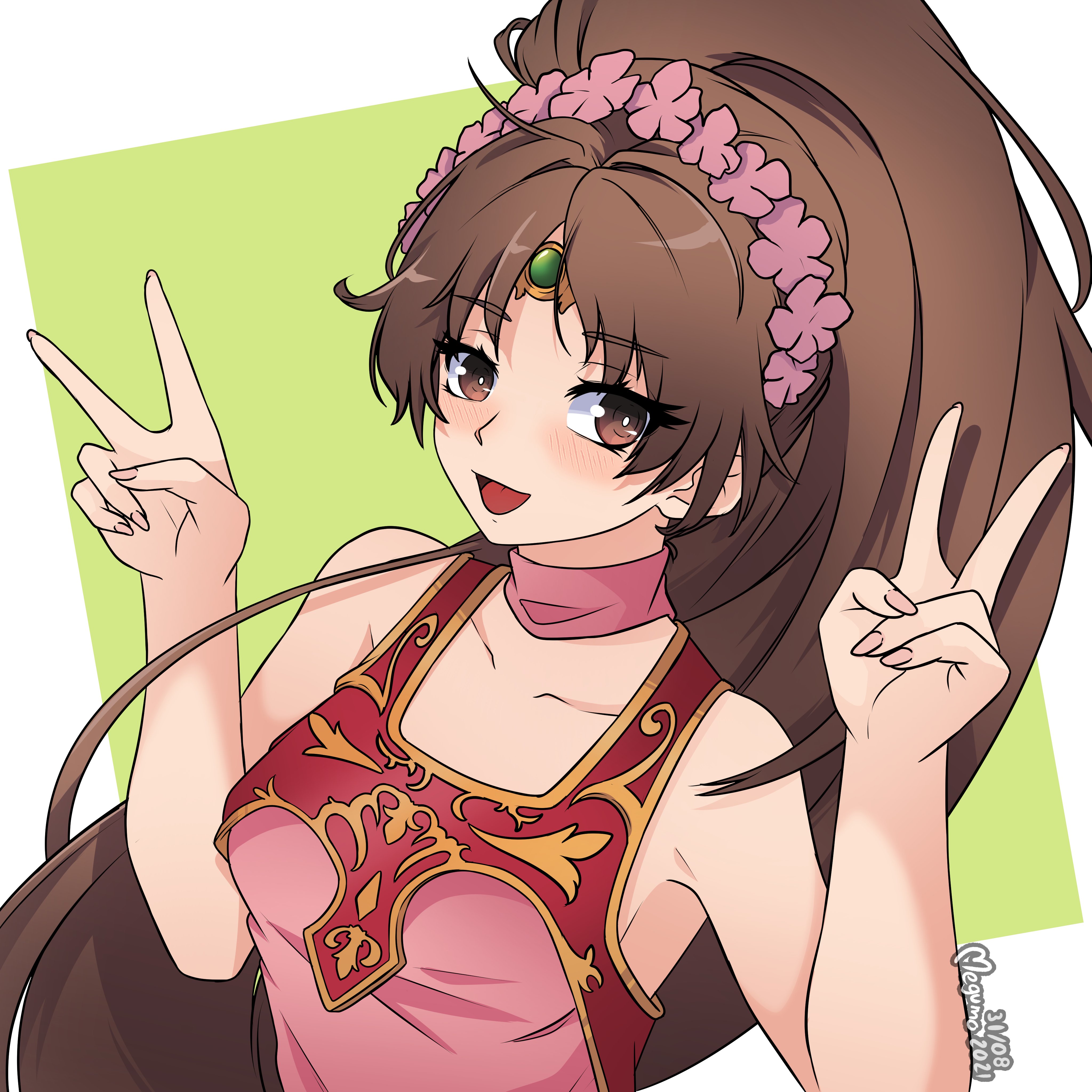 megumo, linde (fire emblem), fire emblem, fire emblem: mystery of the emblem, fire emblem: shadow dragon and the blade of light, nintendo, absurdres, commission, highres, 1girl, armpits, bare shoulders, breasts, brown eyes, brown hair, choker, circlet, collarbone, detached sleeves, double v, dress, fingernails, forehead jewel, head wreath, jewelry, long hair, medium breasts, nail polish, pink choker, pink dress, pink nails, ponytail, scrunchie, signature, sleeveless, smile, solo, v, very long hair