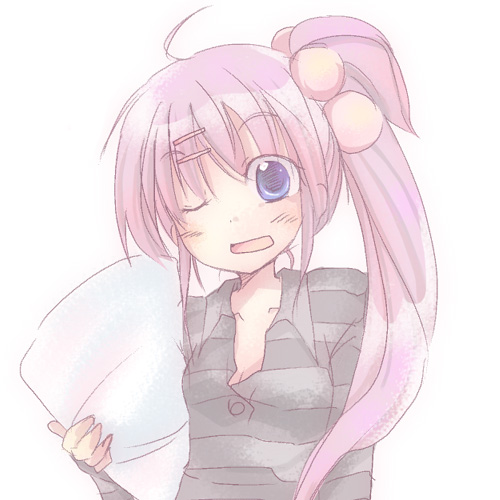 furui suguri, saigusa haruka, little busters!, lowres, tagme, pillow, ponytail, solo