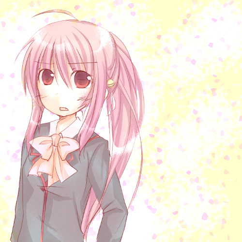 furui suguri, natsume rin, little busters!, lowres, 1girl, :o, ahoge, bow, bowtie, female focus, formal clothes, long hair, long sleeves, looking at viewer, open mouth, ponytail, red bow, red bowtie, red eyes, solo, suit