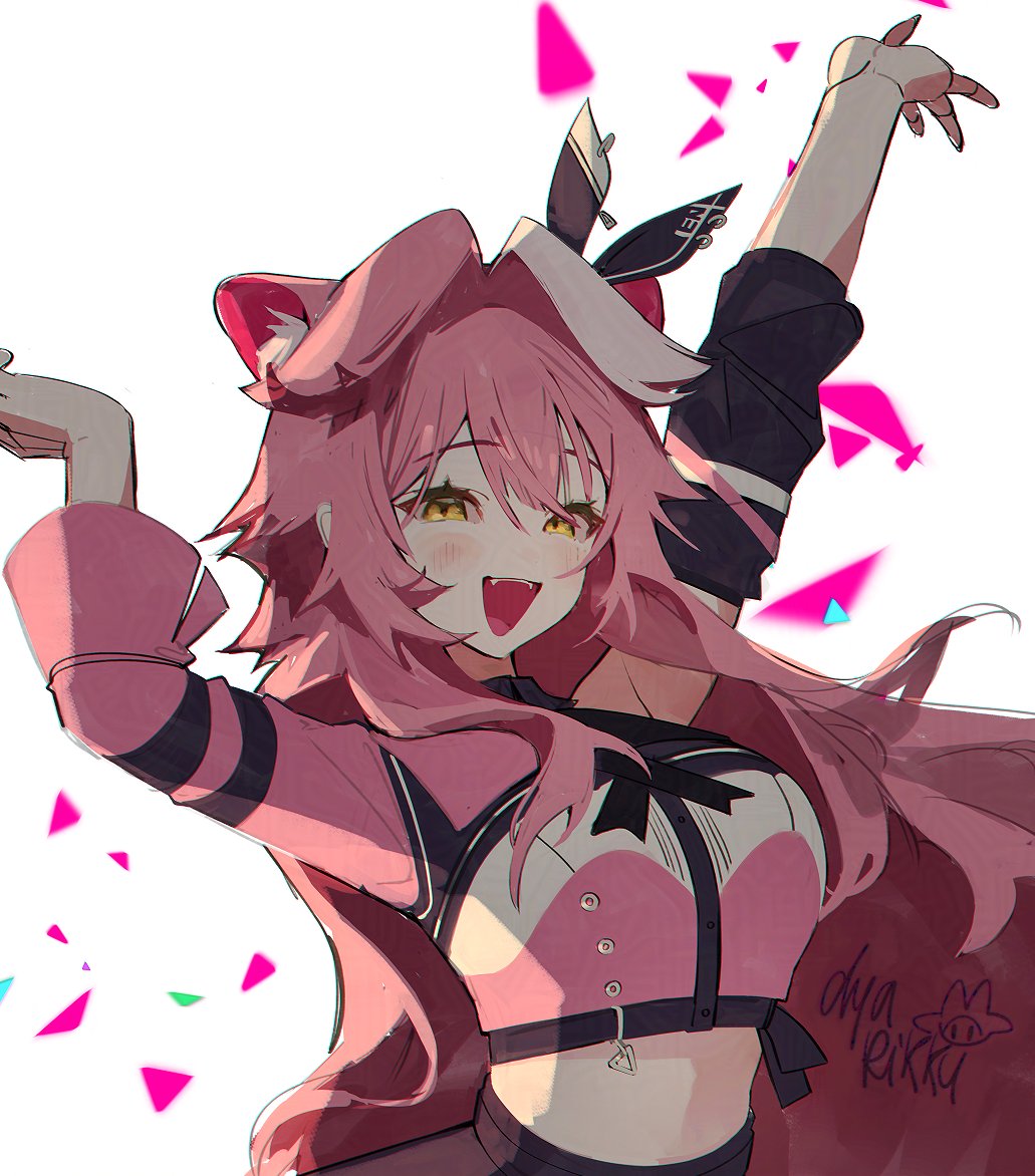 dyarikku, raora panthera, hololive, hololive english, 1girl, animal ears, arms up, asymmetrical sleeves, breasts, hololive idol uniform (color rise), large breasts, long hair, mismatched sleeves, panther ears, pink hair, signature, virtual youtuber, yellow eyes