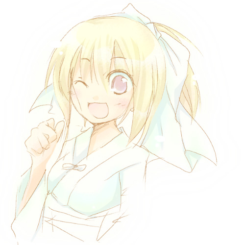 furui suguri, chiba kirino, bamboo blade, lowres, 00s, 1girl, ;d, blonde hair, blush, bow, collarbone, female focus, hair bow, japanese clothes, kimono, long sleeves, one eye closed, open mouth, ponytail, purple eyes, sash, smile, solo, upper body, white bow, wide hips