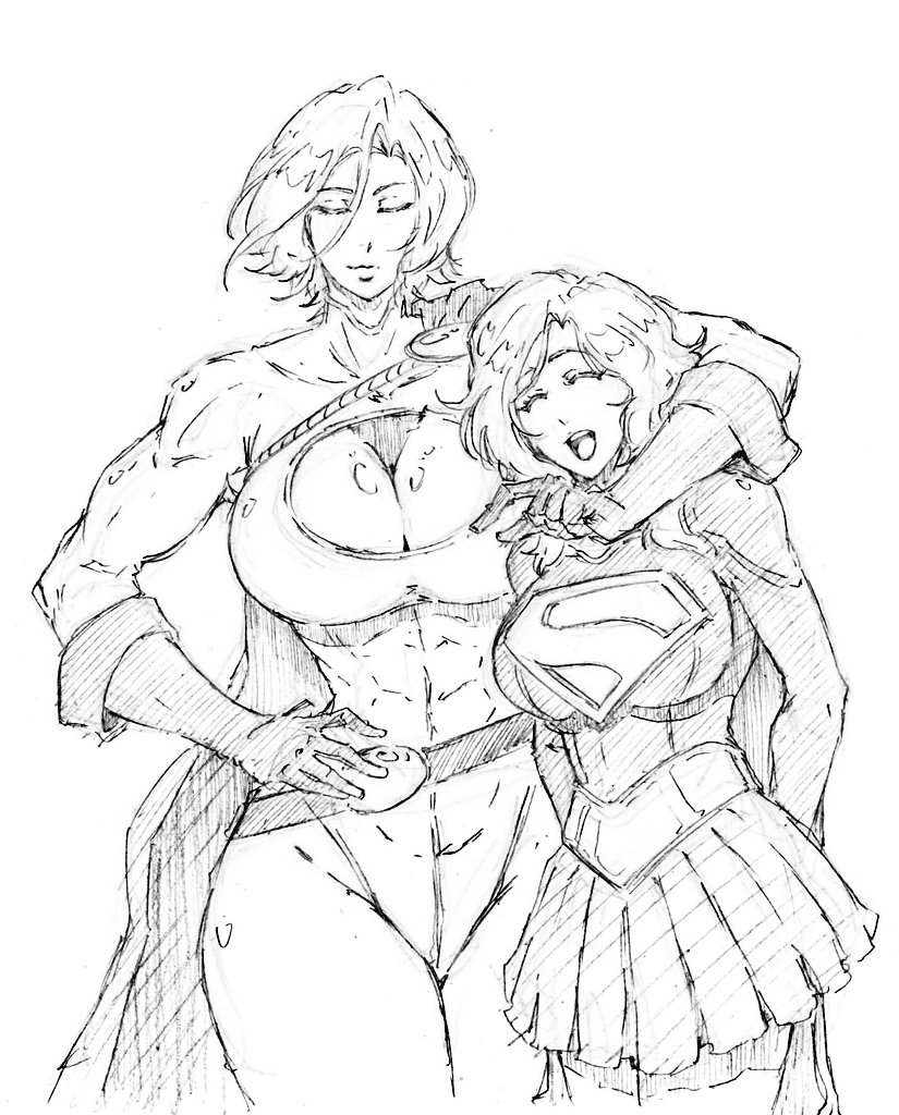 rakusakugk, power girl, power girl (1976 costume), supergirl, dc comics, superman (series), 2girls, belt, blonde hair, blue bodysuit, blue eyes, blue gloves, bodysuit, breasts, cape, cleavage, cleavage cutout, clothing cutout, gloves, greyscale, hair between eyes, highleg, highleg leotard, kubo tite (style), large breasts, leotard, long sleeves, looking at viewer, medium breasts, monochrome, multiple girls, open mouth, red belt, red cape, short hair, simple background, sketch, skirt, sleeved leotard, smile, solo, superhero costume, superman logo, white background, white leotard