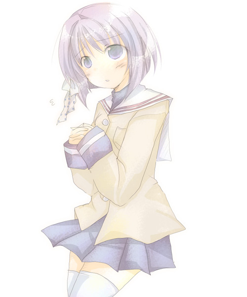 furui suguri, fujibayashi ryou, clannad, 00s, 1girl, female focus, school uniform, serafuku, short hair, solo, thighhighs