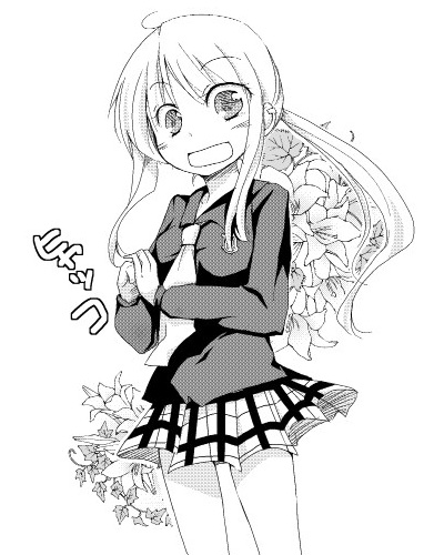 furui suguri, kageyama torako, hyakko, lowres, 00s, 1girl, female focus, greyscale, monochrome, plaid clothes, plaid skirt, school uniform, skirt, solo